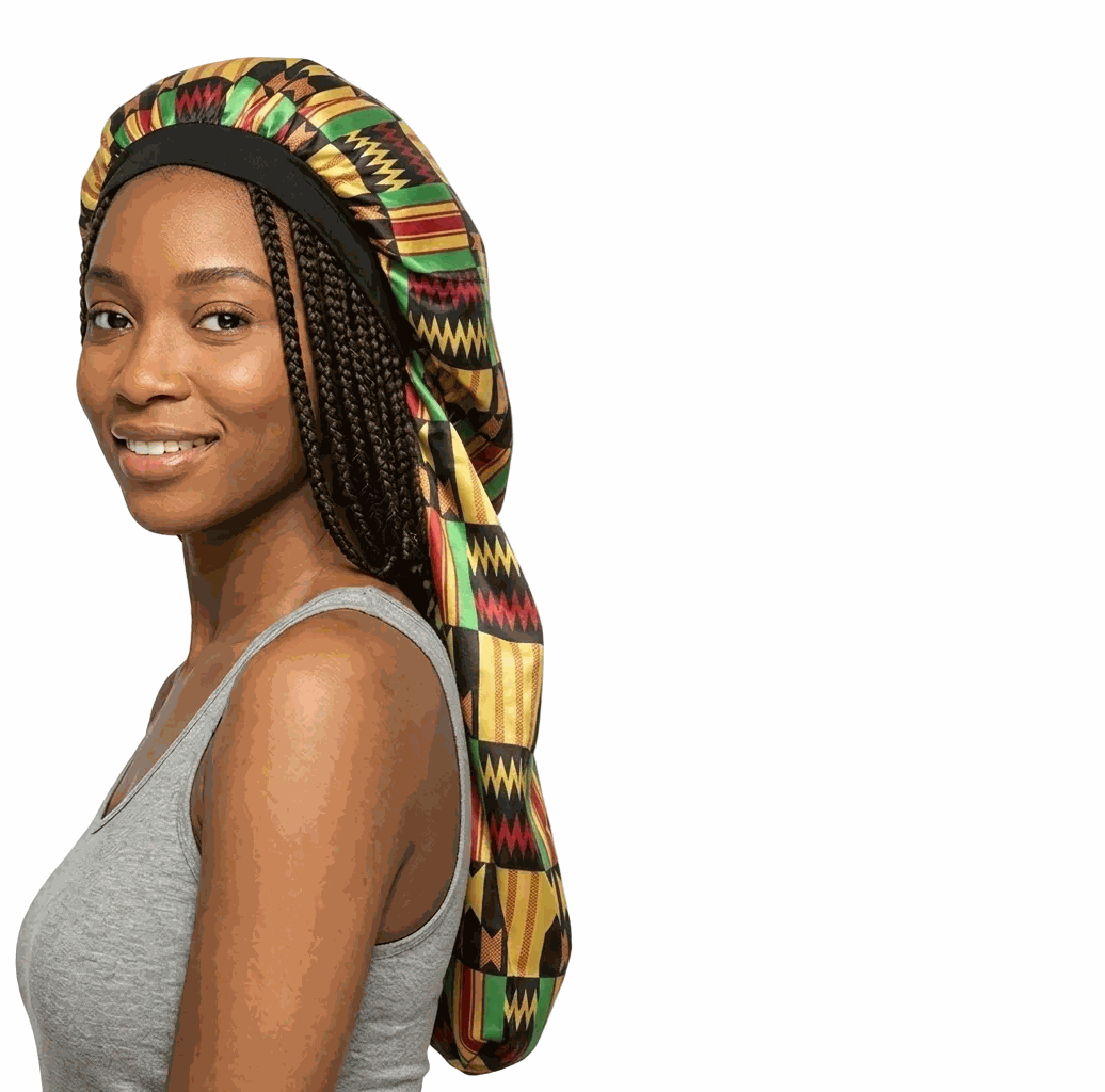 Soft African print and solid satin bonnet for hair protection in long style, size M/L