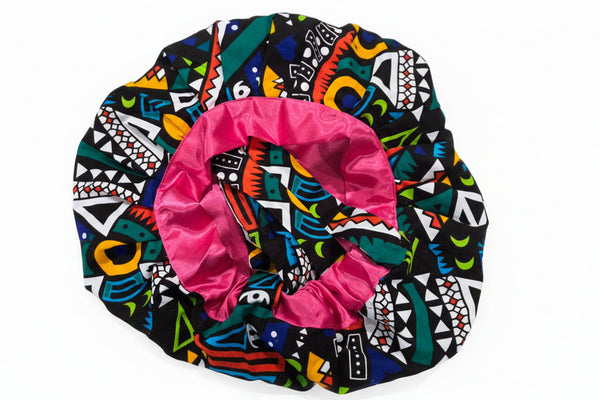 Green Ankara Cloth with Yellow Satin Bonnet