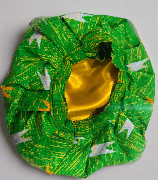 Green Ankara Cloth with Yellow Satin Bonnet