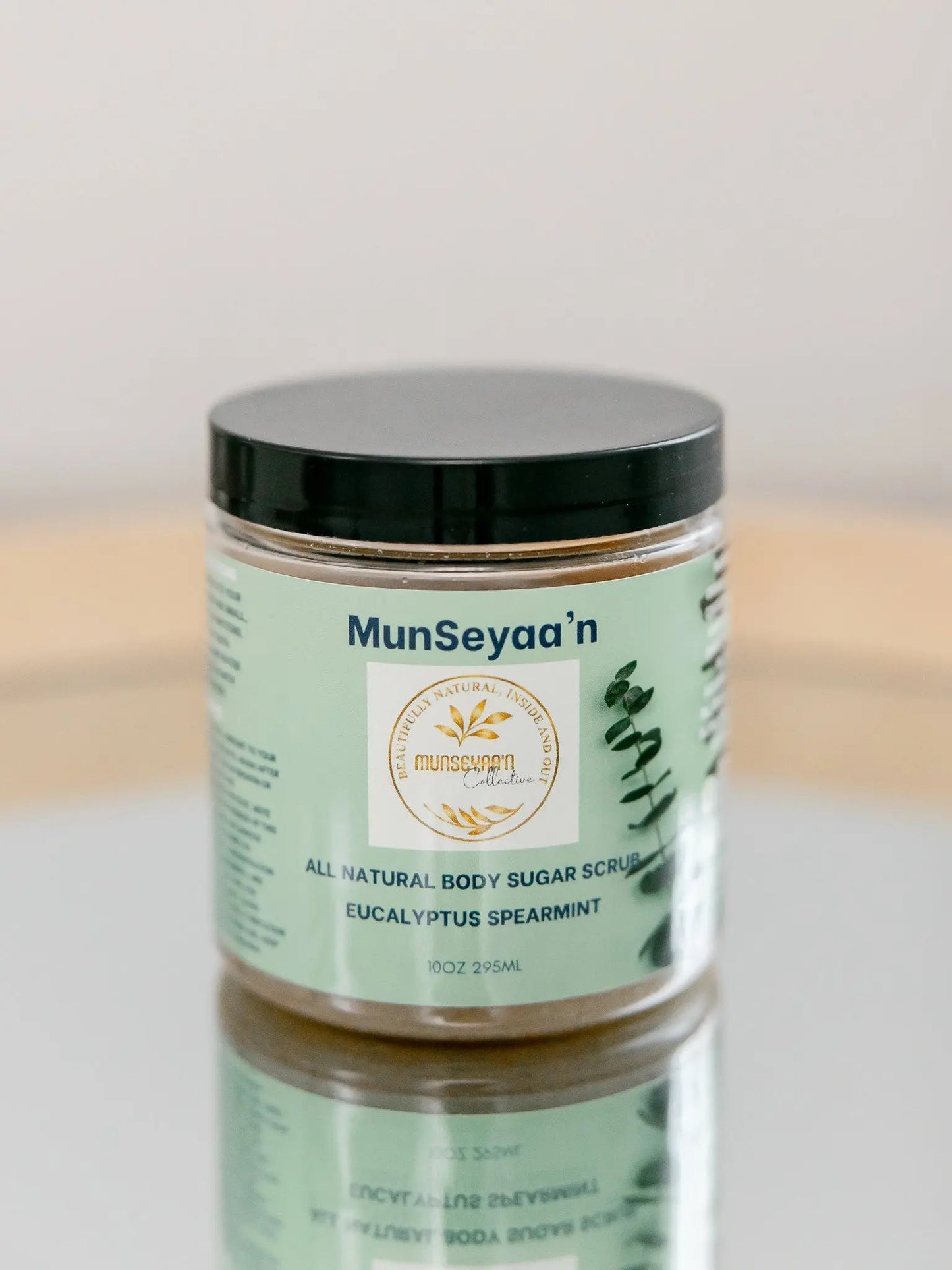 Jar of Eucalyptus Spearmint Organic Sugar Scrub with natural ingredients and refreshing aroma