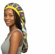 Soft African print bonnet with solid satin lining, long style, perfect for hair protection and hydration
